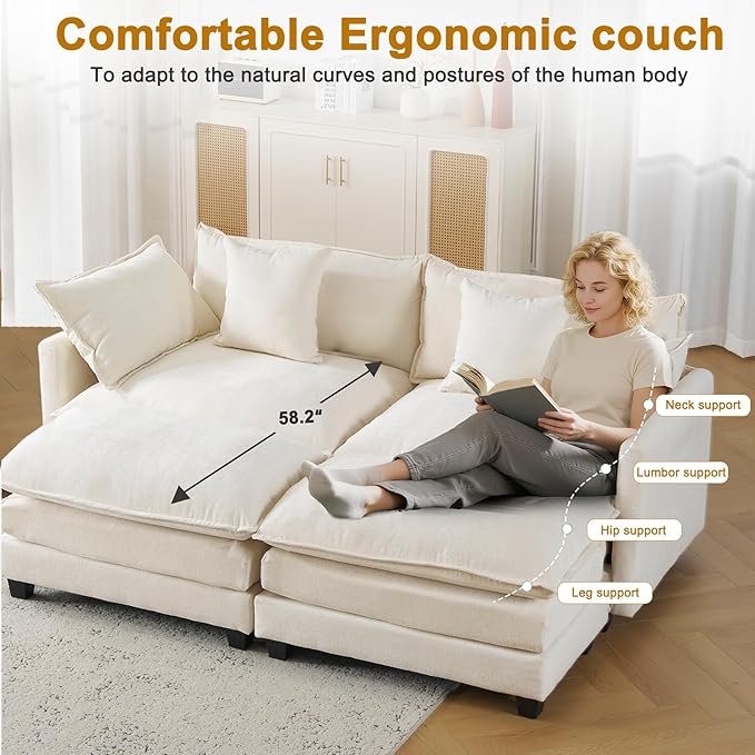 77" Cloud Chenille Sectional Sofa with 2 Ottomans｜Modular Couch with 29.1" Deep Seat｜FSC Solid Wood Frame｜Easy Assembly & 1YR Guarantee｜for Apartment Living Room (Beige, 77 Inch（U）)