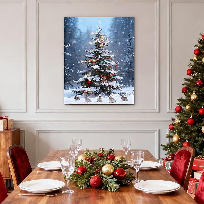 Framed Christmas Pictures Wall Decor,Vintage Pine Tree Prints,Winter Christmas Canvas Wall Art Decoration for Bedroom Bathroom Living Room Rustic Xmas Holiday Gifts (Christmas Tree 17, 16'' X 20'')