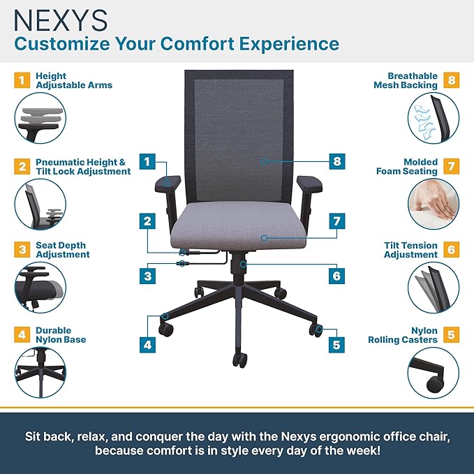 Nexys Home Office Desk Chair, Adjustable Tilt, Height Adjustable Armrests, High Mesh Back Variable Height, Rolling Work Swivel Chairs with Wheels, Comfortable for Long Hours, Lunar | Fabric