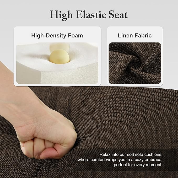 3 Seater Sofa Couch with Deep Seats, 89" Mid Century Modern Upholstered Sofa with Armrests, Comfy Couches for Living Room, Bedroom, Apartment and Office (Brown)