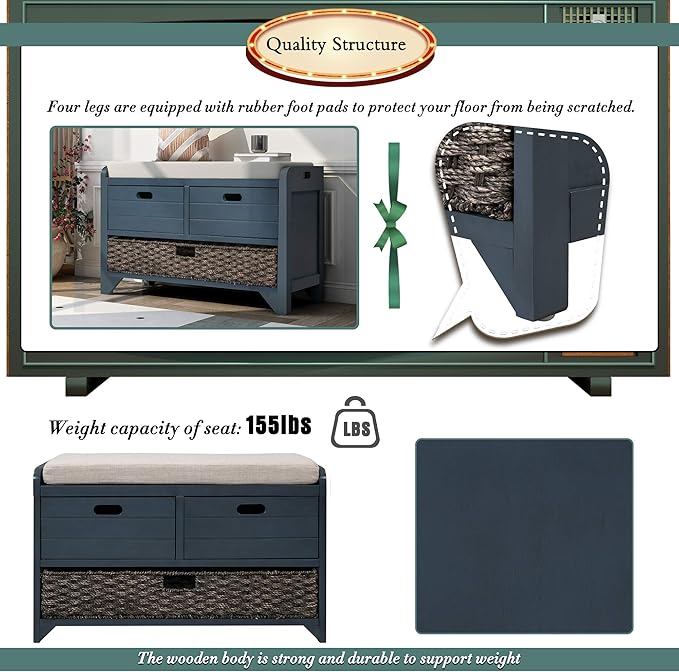 Entryway Shoe Storage Bench with Cushion, Fully Assembled Solid Wood Bench with 2 Drawers and Removable Basket for Hallway, Bedroom or Living Room (Navy)