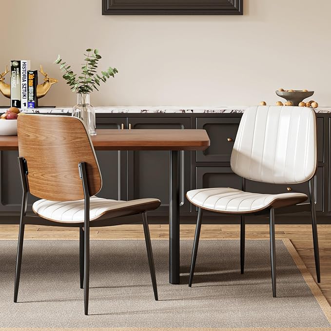 Modern Green Leather Dining Chair Set of 2, Bentwood Backrest & Black Metal Frame Ergonomic Comfort, Sustainable Style, Multi-Space Versatile, Beige