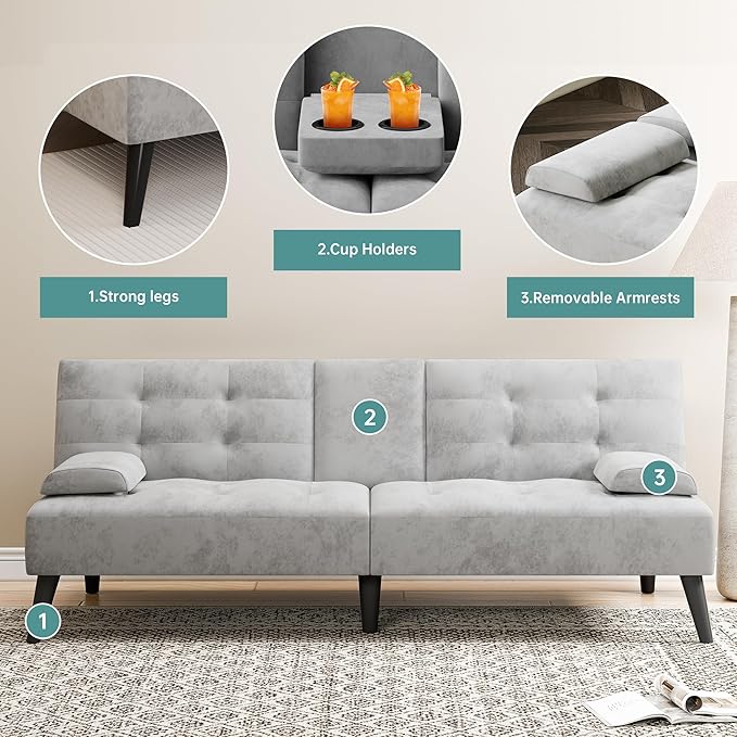 Meilocar Futon Sofa Bed, Modern Sofa Couch Recliner, Adjustable Sofa Bed for Living Room, Office, Guest Room Removable Armrest, 2 Cup Holders, Adjustable Backrest, Light Grey