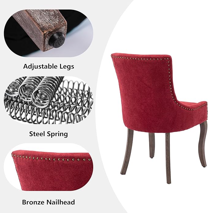 Farmhouse Dining Chairs Set of 2, Upholstered Fabric Dining Room Accent Chairs with Wood Legs & Bronze Nailhead, High Wingback Kitchen Chairs for Living Room Hotel Apartment, Burgundy