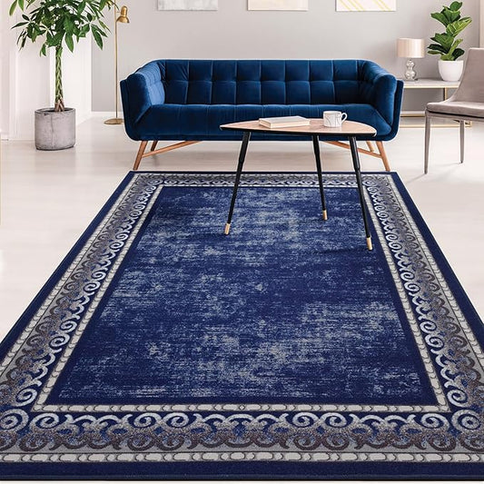 Antep Rugs Alfombras Bordered Modern 5x7 Non-Slip (Non-Skid) Low Pile Rubber Backing Indoor Area Rug (Navy, 5' x 7')