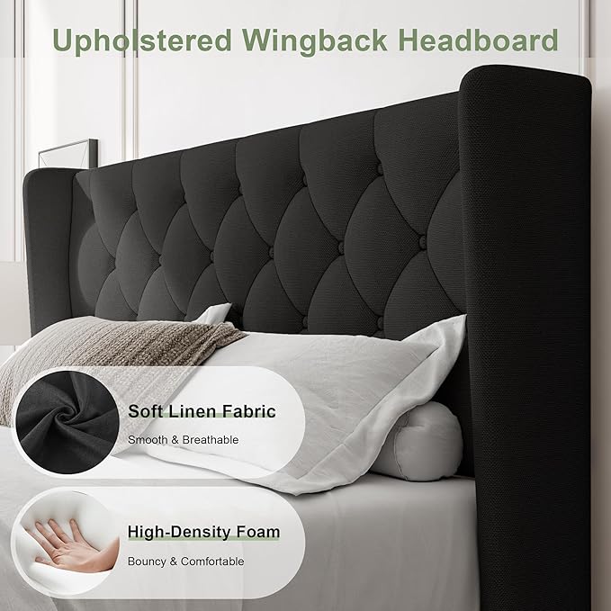 Feonase Queen Bed Frame with Upholstered Wingback Headboard, Platform Bed and Heavy Duty Wooden Slats Support, Easy Assembly, Noise-Free, No Box Spring Needed, Black