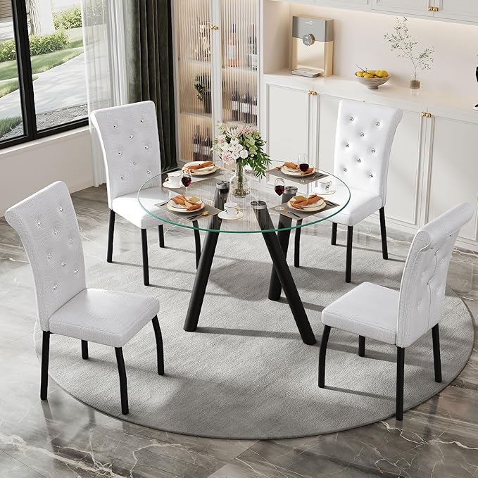35" Round Dining Table for 4, Modern Round Glass Dining Table with Metal Legs, Round Kitchen Table for Dining Room Home Office Small Spaces