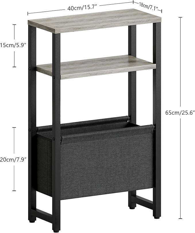 Narrow Side Table, Slim End Table with Magazine Rack, Bedside Table for Small Spaces, 3 Tier Sofa Couch Table Nightstand for Living Room, Bedroom, Oak Grey LET503Q