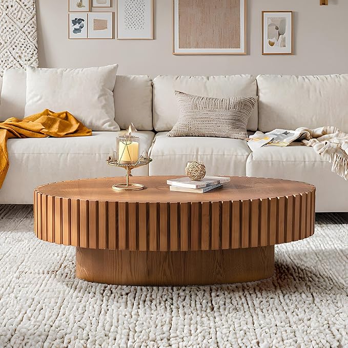 Fluted Coffee Table 43.3" Oval Wooden Coffee Tables Modern Handcraft Drum Coffee Table with Solid Wood Relief Sturdy Pedestal Accent Table for Living Room Home Office,Wood Color