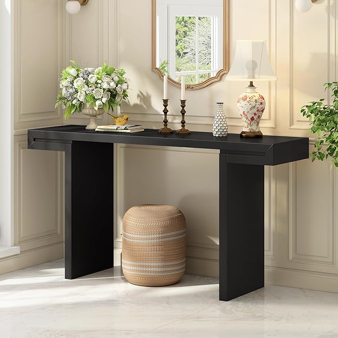 Modern U-Style Console Table, 60-Inch Black MDF Entryway Table with Geometric Design, Painted Finish, Adjustable Feet for Living Room, Hallway, 60 x 15.7 x 31.7 Inches