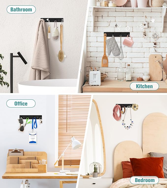 RELBRO Key Holder Wall Mount, Large Metal Self Adhesive Key Rack with 4 Hooks, 2 Installation Options, Black