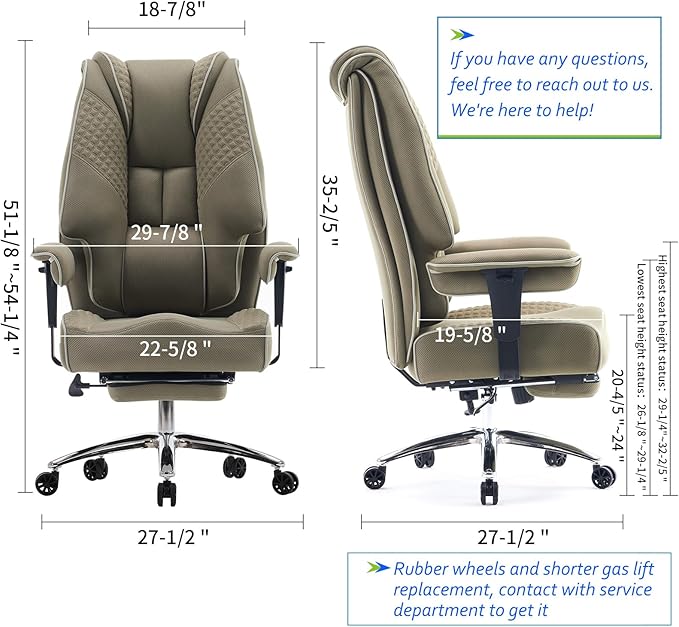 Big and Tall Office Chair 400lbs Wide Seat, Leather High Back Executive Office Chair with Lumbar Support, Ergonomic Chairs Padded Armrests & Thick Cushion (Mesh Green)