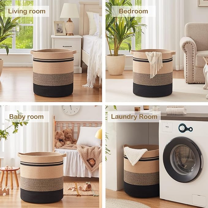 OIAHOMY 80L Laundry Baskets-Laundry Hamper,Storage Basket with Handles,Decorative Basket for Living room,Woven Storage Basket for Toys Bin,Pillows, Blankets,Clothes-20x18in-Yellow Black