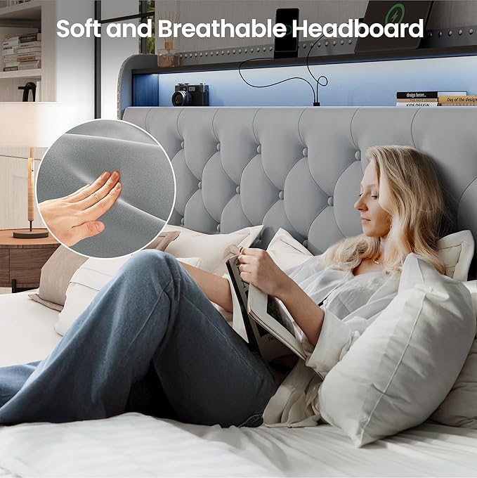 LARMACE Queen Size Bed Frame with Headboard Upholstered Tufted LED Platform Bed Frame Queen with 4 Storage Drawers&USB,Type-C Charging Station,Heavy Duty,No Box Spring Needed,Easy Assembly,Bluish Grey