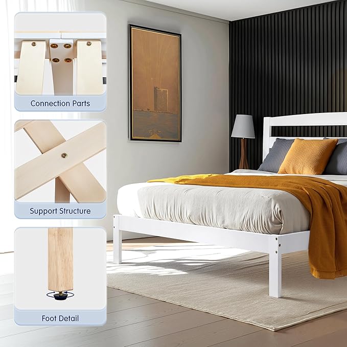 Hokway Wood King Bed Frame and Headboard- No Wobble,Noise-Free,Easy Assembly with Precise Holes,12 in Reinforced Center Legs,No Box Spring Needed,White