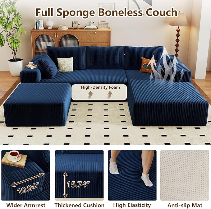 96" U-Shape Cloud Couch, Modern Modular Sectional L-Shape Sofa with Ottoman, Corduroy Upholstered Couches Deep Seat Sleeper Chaise Longue for Living Room, No Assembly Required(Blue, Right Facing)