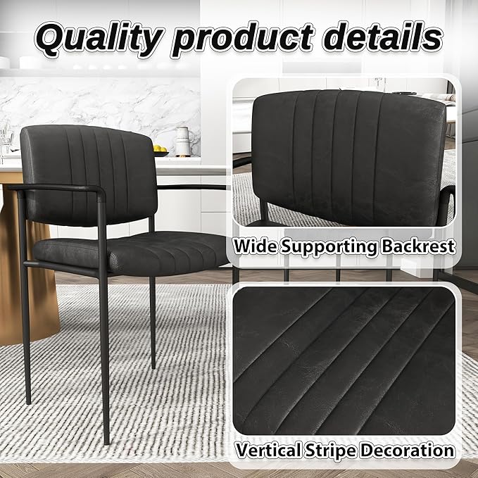 Mid-Century Modern PU Leather Dining Chairs Set of 2, Upholstered Kitchen Chairs with Arms and Metal Legs Adjustable Feet for Kitchen Dining Room(Black)