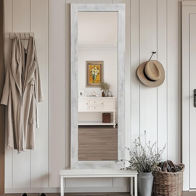 Rustic Farmhouse Full Length Mirror 64"X21" Wood Frame Floor Mirror with Stand, Free Standing Mirror Leaning or Hanging for Bedroom Living Room, Tempered Glass, White
