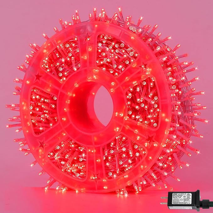 QITONG 165ft 500 LED Red Christmas Lights, Clear Wire Outdoor String Lights Plug in, 8 Modes Twinkle Xmas Light Indoor