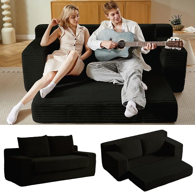 70.87" Loveseat Sofa Bed - Corduroy Upholstered, Comfy Deep Seat & Modern Design - Small Space Friendly, No Assembly Needed - Ideal for Living Room, Bedroom, Apartment, Home Office,Black