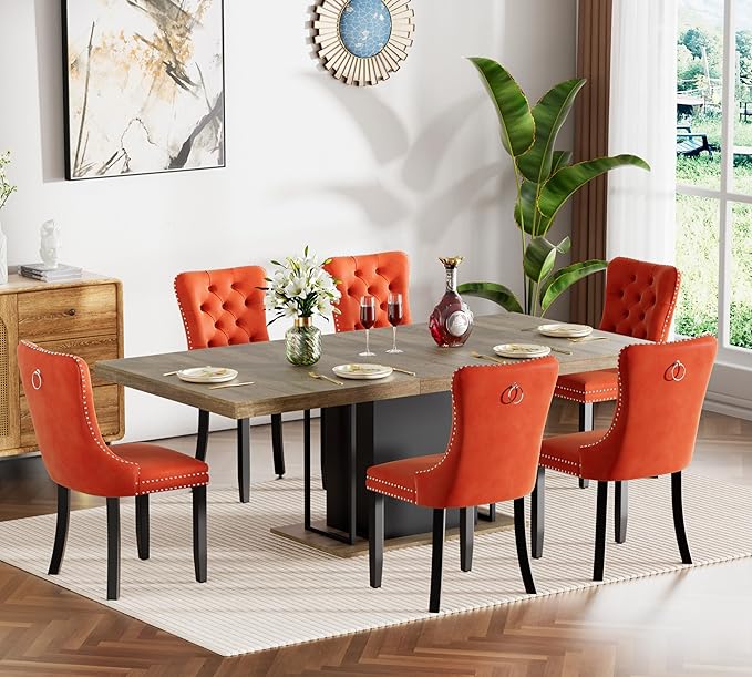 Goujxcy 78.7" Farmhouse Extendable Dining Room Table Set for 6, 7-Piece Rectangle Kitchen Dining Room Table Set with Wood Base and 6 Orange Velvet Dining Chairs, Extending Kitchen & Dining Table Set