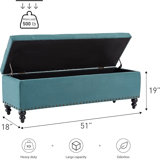 HUIMO 51-inch Storage Ottoman Bench with Removable Tray, Bedroom Bench with Button-Tufted, Safety Hinge Ottoman in Upholstered Fabrics, Large Long Bench for Living Room, Bedroom (Teal)
