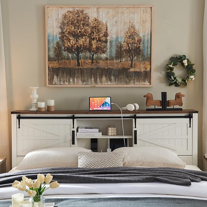 RedLemon Farmhouse King Size Bed Frame with Bookcase Headboard, Sliding Barn Door, Storage Cabinet, Charging Station, Wood Slats Support, No Box Spring Needed