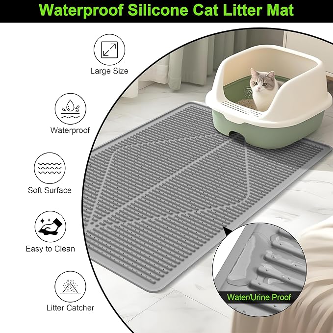 Mofason Rubber Large Cat Litter Mat - Kitty Litter Box mat - Silicone Litter Trapping Catcher Mat - Cat Supplies & Accessories for Indoor Cats (28" x 20")- Grey