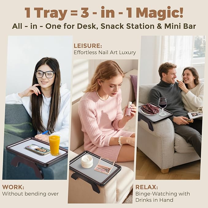 Couch Armrest Table, Foldable Bamboo Sofa Arm Tray for Couch with a Non-Slip Pad, Clip On Couch Arm Table for Remotes/Eatting/Drinks, Fits Sofa Armrest 3.5"-13.5" Brown