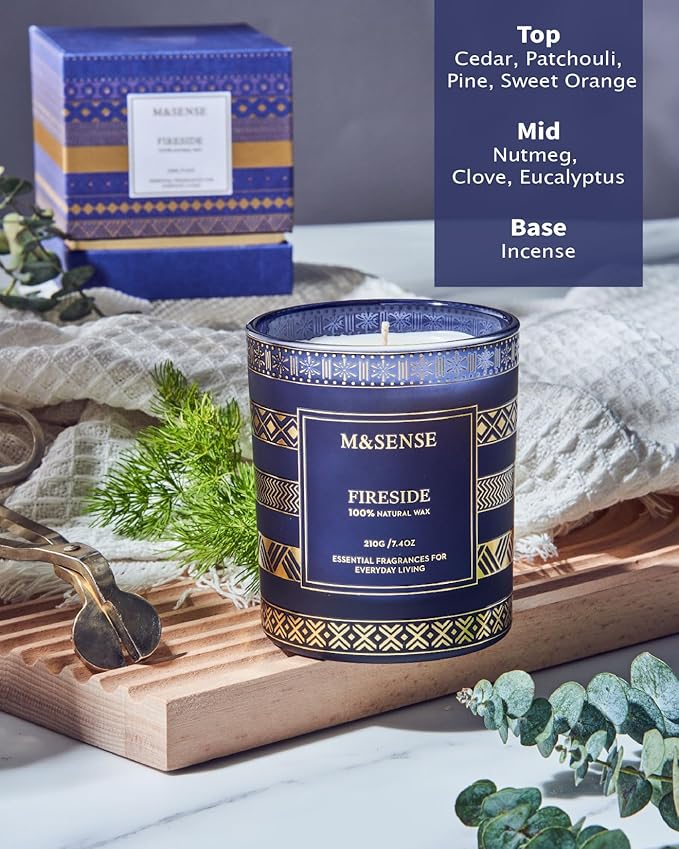 M&SENSE Fireside Scented Candle for Men, Masculine Home Scent, Luxury Gift for Christmas, Thanksgiving, Halloween, Valentines, Fathers Day, Housewarming, Cozy Winter Room Decor