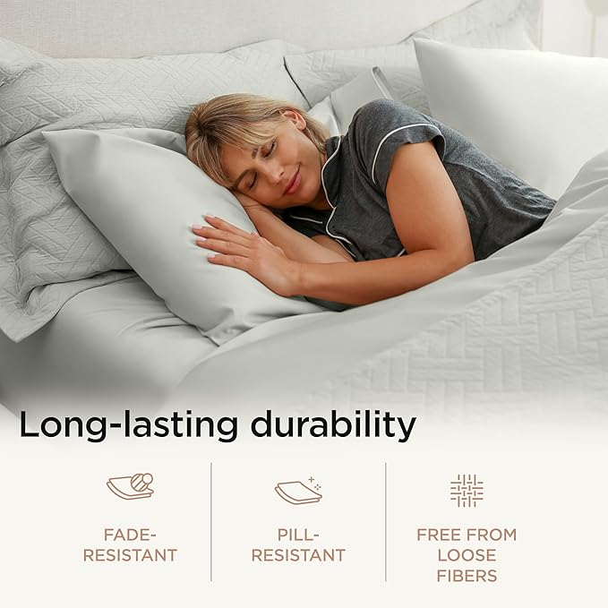 Threadmill 100% Cotton Sheets for King Size Bed - 600 Thread Count King Bed Sheets Set with 16” Deep Pocket - Sateen Weave 4-Piece Bedding Set with Cooling Effect, Light Grey