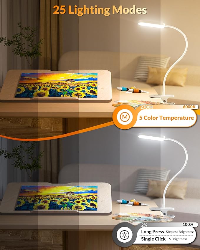 LEPOWER Clip on Light, 60 LED Reading Lights for Books in Bed, with 25+ Lighting Options, 3 Timer, Night Light Function, Eye-Caring Book Light for Reading in Bed, Headboard, Bedroom, White