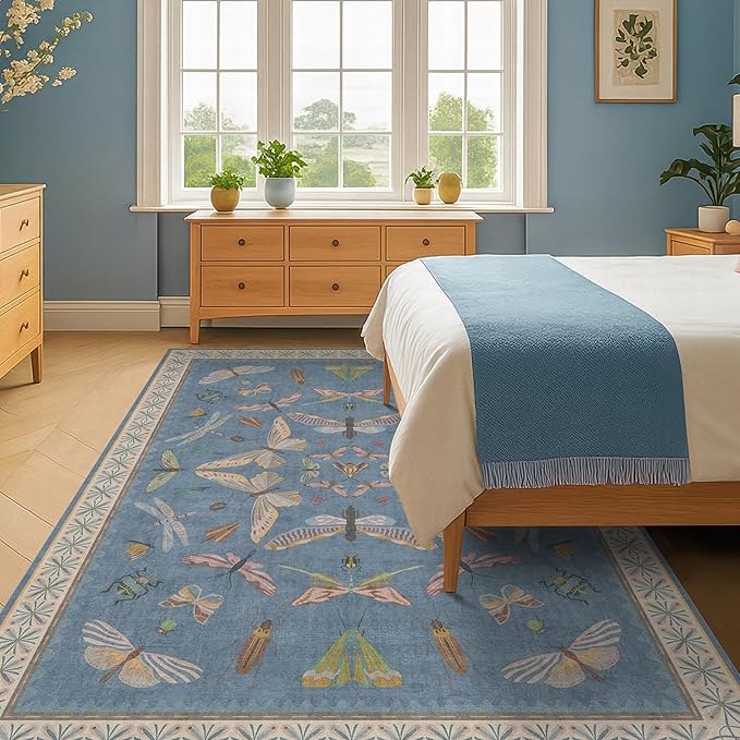 Modern Rugs for Living Room - 5x8 Moth Blue Carpet for Bedroom Under Bed, Girls Room Rug for Kids, Washable Non Slip Soft Floor Décor