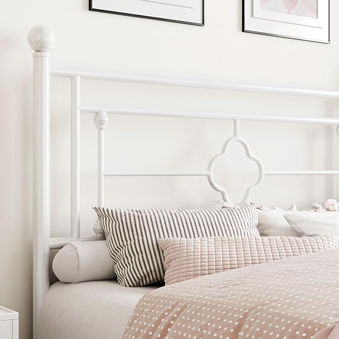 SHA CERLIN 14 Inches Queen Size Metal Platform Bed Frame/Vintage Iron-Art Headboard and Footboard/Mattress Foundation for Storage/No Box Spring Needed/Noise-Free/Easy Assembly/White