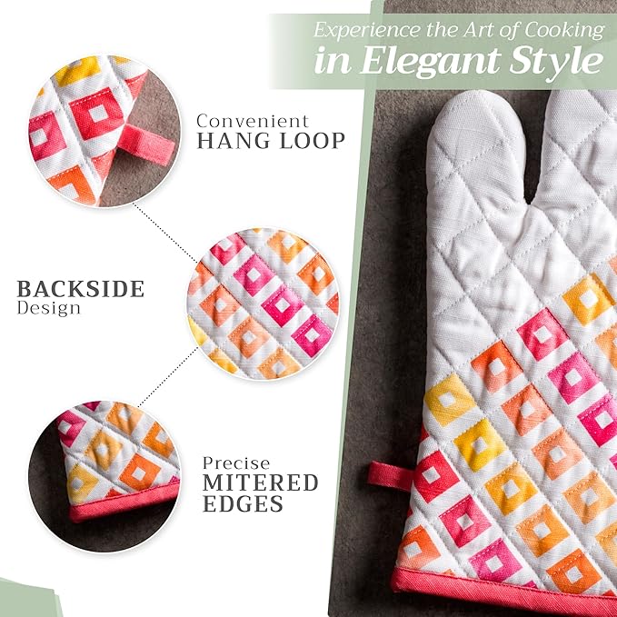Maison d' Hermine 100% Cotton Oven Mitt & Pot Holder Set (7.5"x13" & 8"x8") Heat Resistant BBQ Cooking Gloves with Loop, Baking, Grilling, Kitchen, Handling Hot Pans Spring/Summer (Summer Maze)
