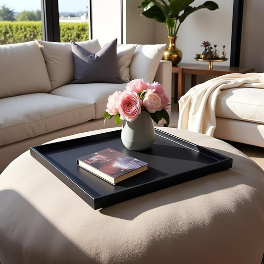 25 * 25 inches Luxury Leather Square Oversized Service Tray, Ottoman & Coffee Tray for Family Dinner, Out-of-House Picnic & Party （25 inch Black）