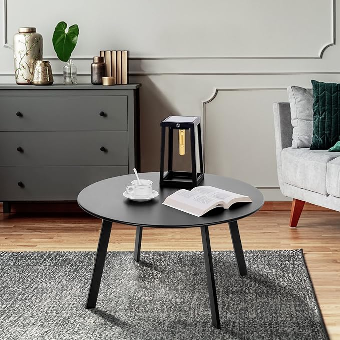 Outdoor Side Table, Outdoor/Indoor Metal Steel Patio Coffee Table, Round Weather Resistant Anti-Rust (Black)