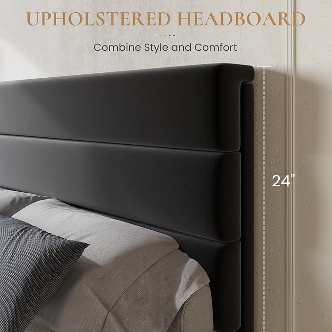 SHA CERLIN Full Size Platform Bed Frame with 4 Storage Drawers, Velvet Upholstered Headboard, Mattress Foundation with Wooden Slats Support, No Box Spring Needed, Easy Assembly, Black