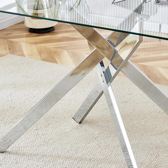 HomVent 51.18" Rectangular Clear Tempered Glass Dining Table,Stylish Design with Silver Metal Legs, Dining Table for Dining Room