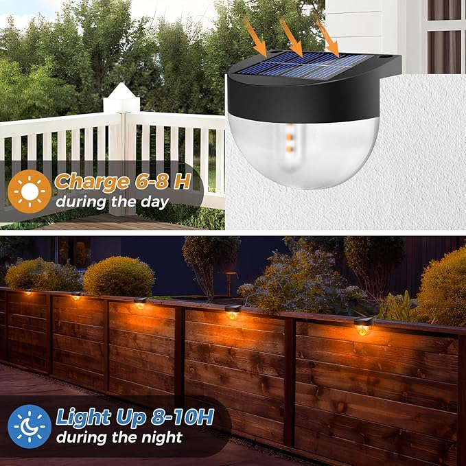 btfarm 8 Pack Solar Deck Lights Outdoor Waterproof, Retro LED Patio Lights Solar Powered, Solar Fence Light for Outside Railing Porch Steps Garden Post Decor, Flame-Coloured