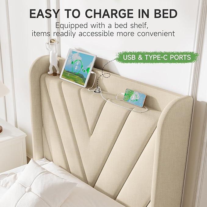 koorlian Twin Size Bed Frame with Headboard, Adjustable Upholstered Platform Bed Frame with Type-C&USB Ports for Kids, Wingback Storage Headboard, Solid Wood Slats Support, No Box Spring Needed, Beige