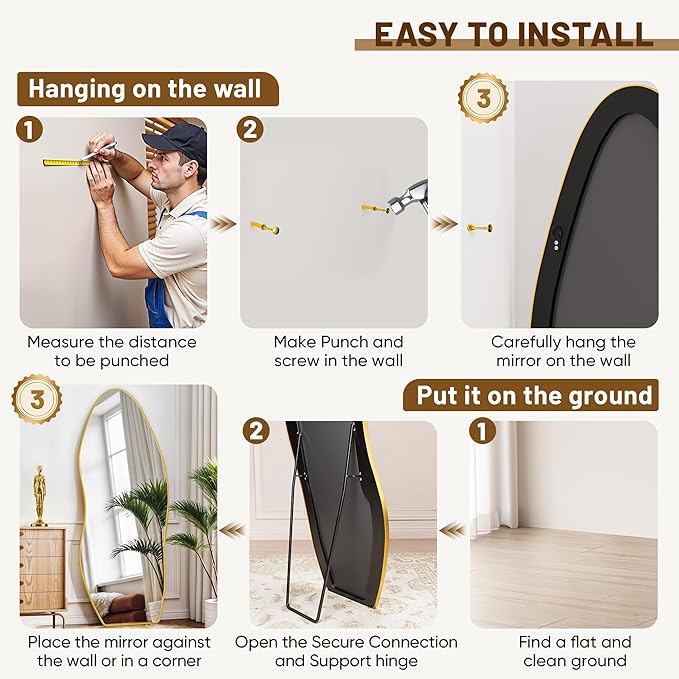 Antok Full Length Mirror, 81"x41" Floor Mirror with Stand, Standing Hanging Leaning Irregular Mirrors for Bedroom Living Room Entryway, Wavy Shaped, Golden