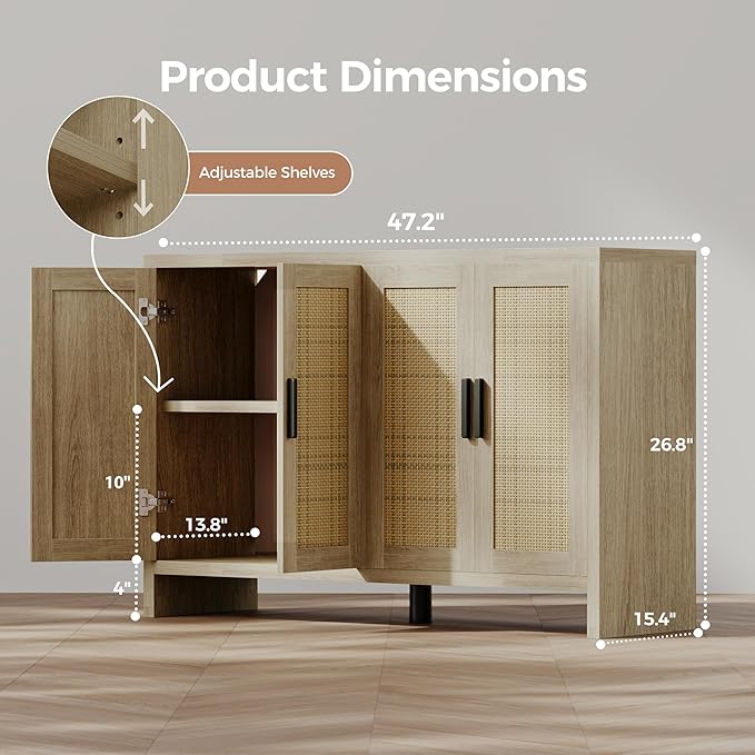Mericonia Rattan Buffet Cabinet with Storage, Sideboard with Doors, TV Stand, Farmhouse Side Board Coffee Bar, Modern Wood Storage Cabinets for Livingroom, Kitchen and Dining Room (Oak)