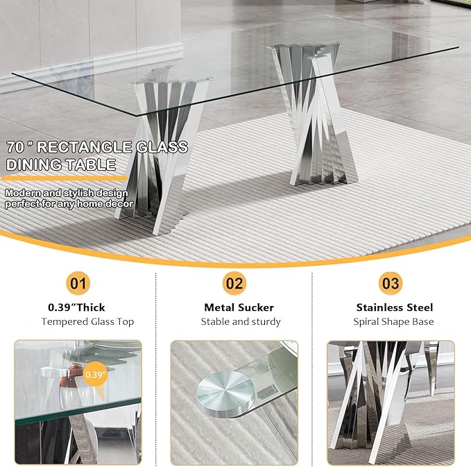 7 Piece Dining Table Set with 6 Beige Dining Chairs, Modern Glass Kitchen Table and Chairs Set for 6, 70" Rectangle Silver Glass Pedestal Dining Room Tables with Flash-Shape Stainless Steel Base