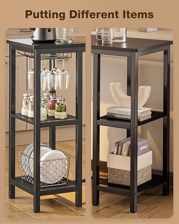 Small Bar Table Set for 2, Bar Table and Chairs Set for 2, Kitchen Table for 2 with 2 Storage Shelves & Wine Glass Holder, Dining Table for Small Apartment, Dining Room, Black
