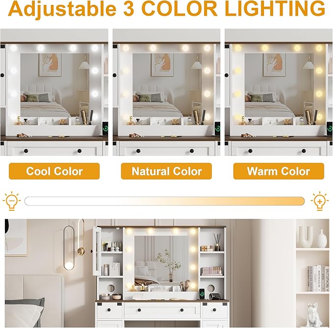 IDEALHOUSE Farmhouse Vanity Desk with Mirror and Lights, White Makeup Vanity Set with Stool, Power Outlet, 3 Color Lighting Modes Bulbs, Drawers & Cabinets, Dressing Table for Bedroom, White