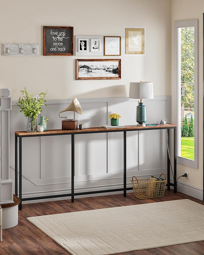 70.9" Console Table with Charging Station, Narrow Long Behind Couch Table, with 2 AC Outlets, 1 USB-A Port and 1 Type-C Port Rustic Brown and Black TXG28UBF