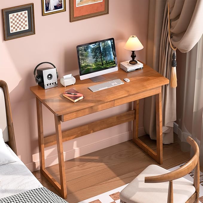 Solid Wood Desk with Drawers - 39 x 18 Inch Mid Century Modern Desk, Vintage Desks with Drawers, Small Writing Desks for Small Spaces|Bedroom, Living Room & Office - Walnut Color