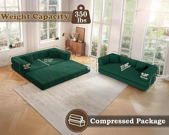 Antetek Convertible Futon Sofa Bed, 3-Seater Modern Corduroy Foam Floor King Size Bed Fold Out Sleeper Lounge Loveseat Sofa Couch with 2 Throw Pillows for Living Room Bedroom Guest Room, Turquoise