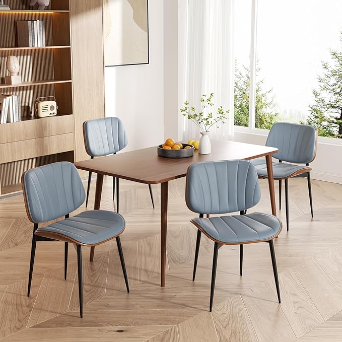 Dining Chair, Mid Century Modern Dining Room Chairs, Upholstered Faux Leather Kitchen Chairs with Walnut Bentwood Back and Metal Legs for Kitchen Dining Room Living Room, Blue